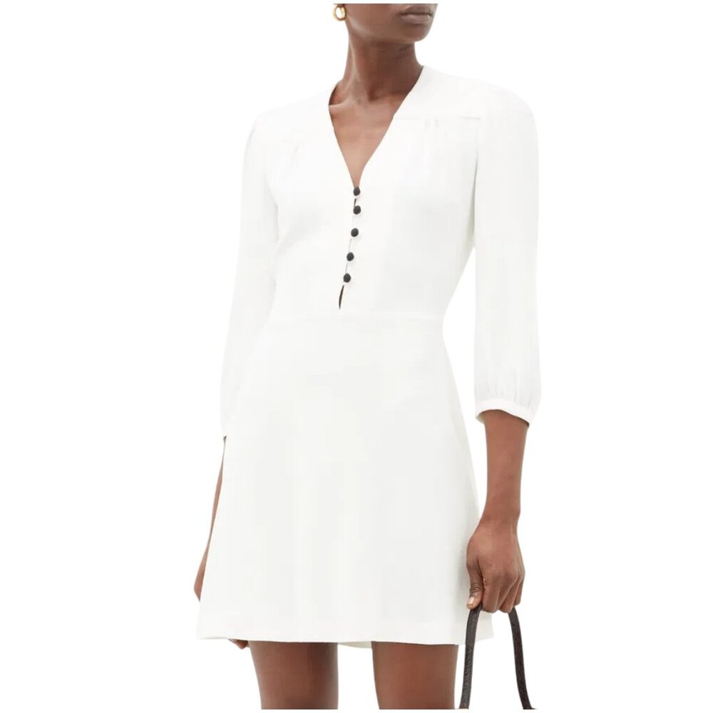 Bella Freud Sundown Crepe Dress white size US 4 UK 8 S XS mini v-neck 3/4 sleeve